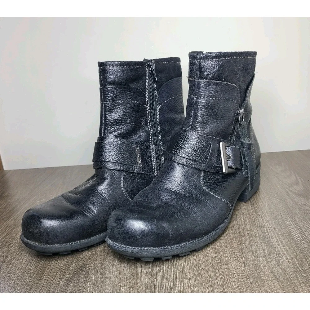 Earth Origins Womens Black Leather Billie Boots Side Zip Buckle Comfort Shoes
